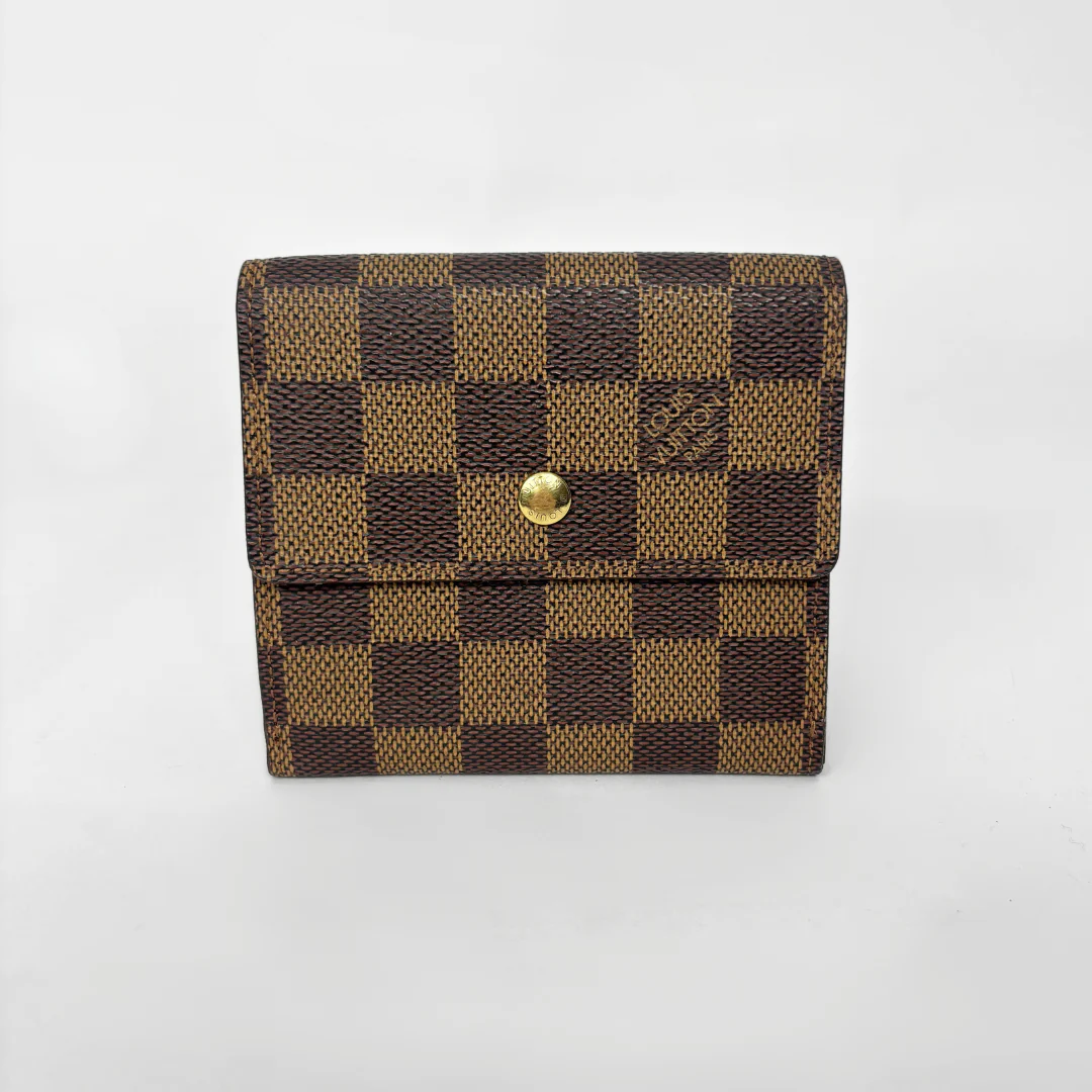 Brown checkered wallet with gold button on a white background
