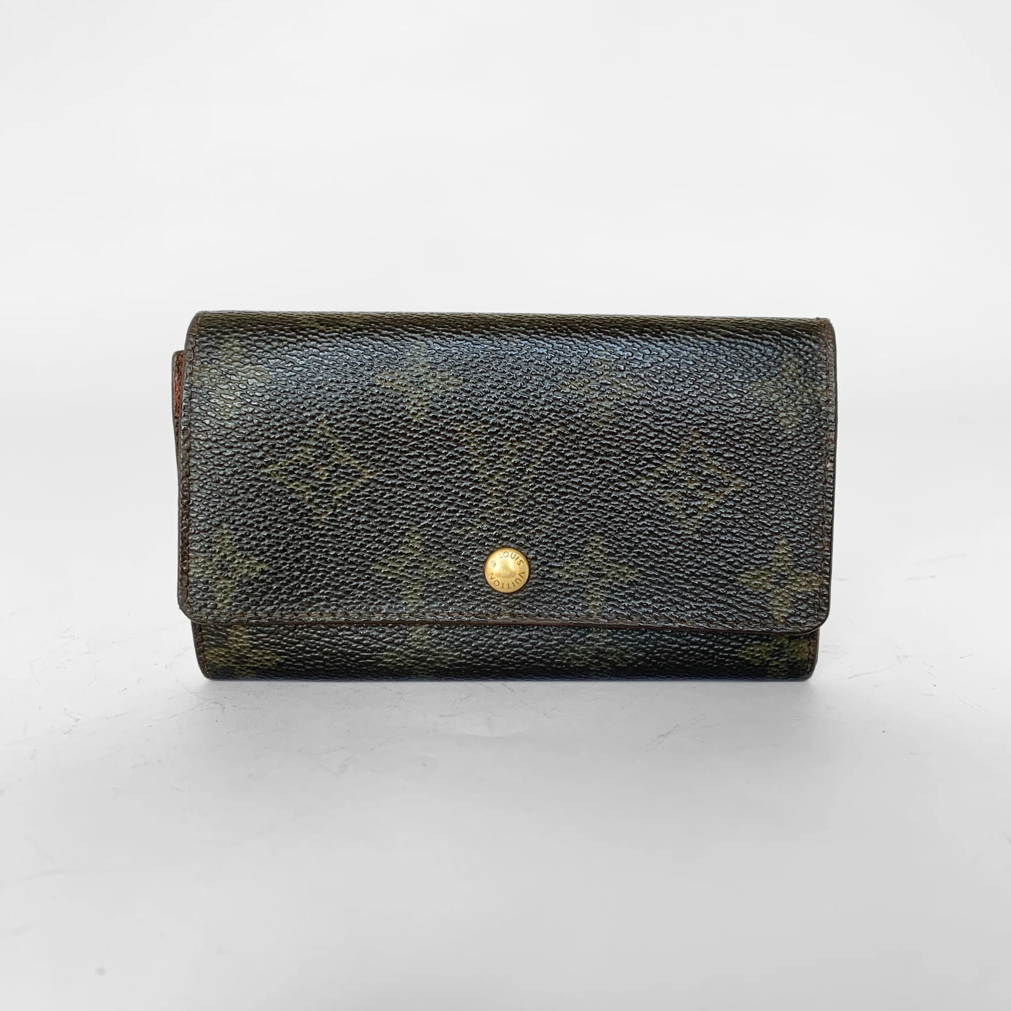 Black leather wallet with a gold button on a white background