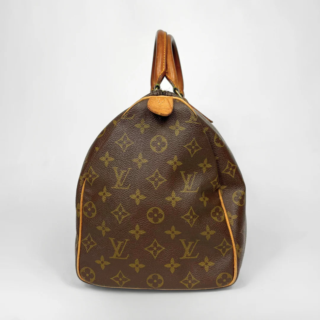 Brown Louis Vuitton bag with monogram pattern on a white background