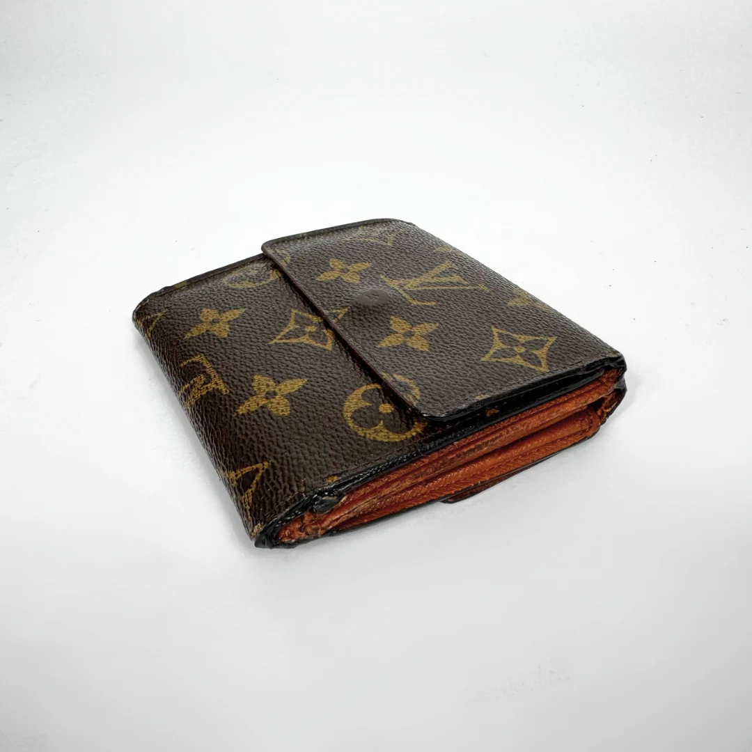 Brown wallet with monogram pattern on a white background