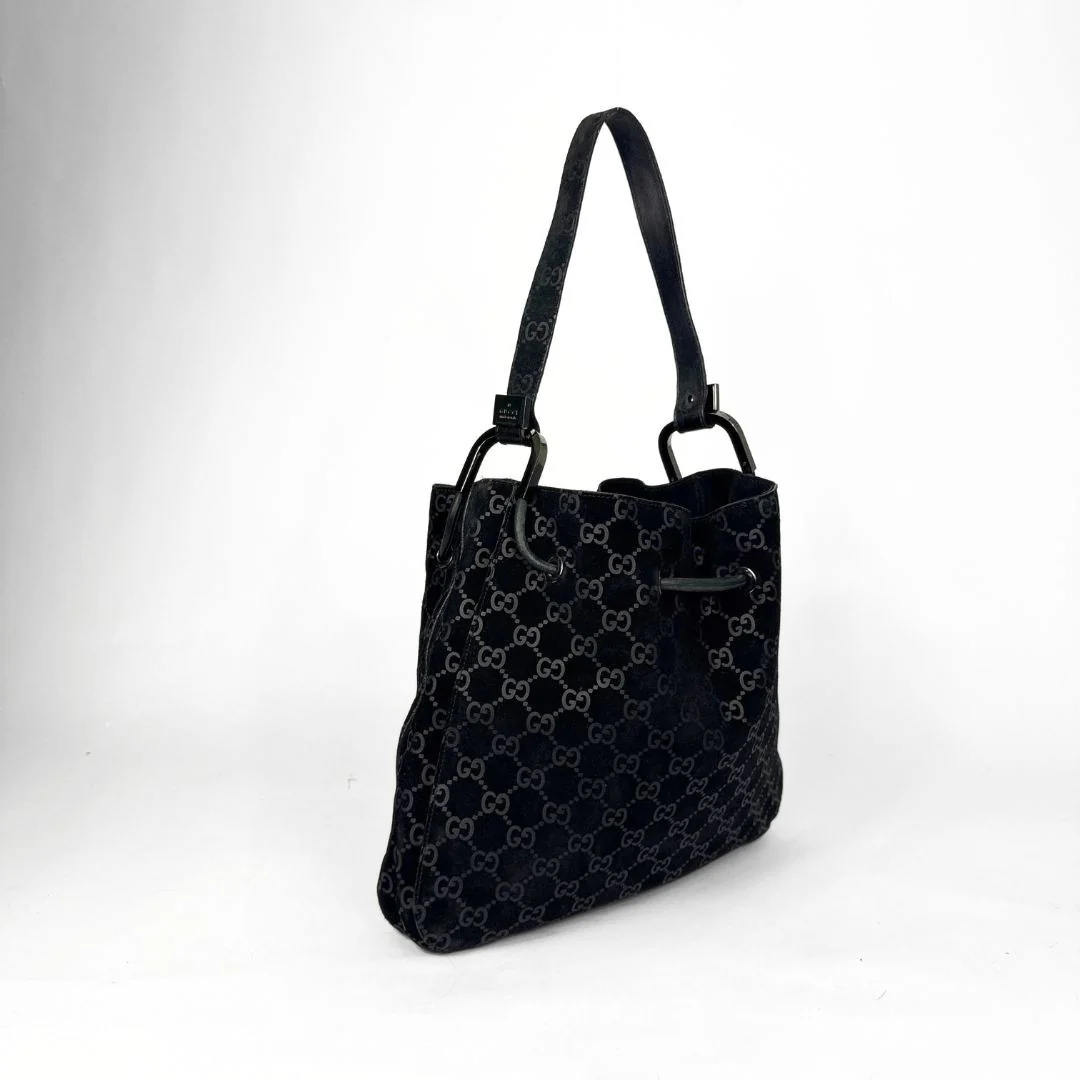 Gucci GG black suede shoulder bag on a white background