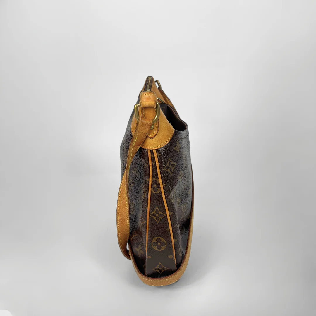 Brown leather handbag with visible brand logo on a light gray background