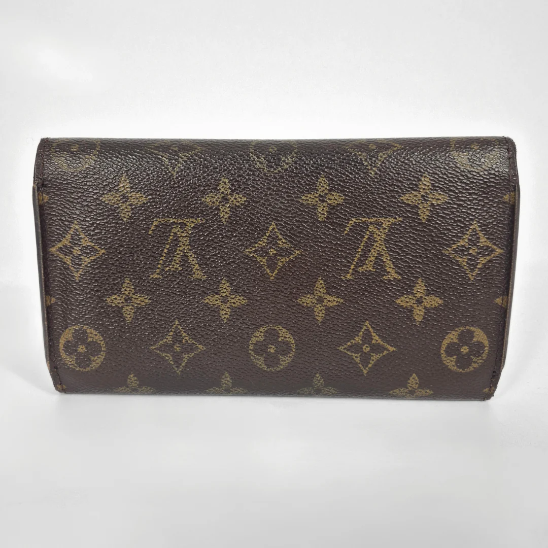 Brown leather wallet with brand logo pattern on a white background