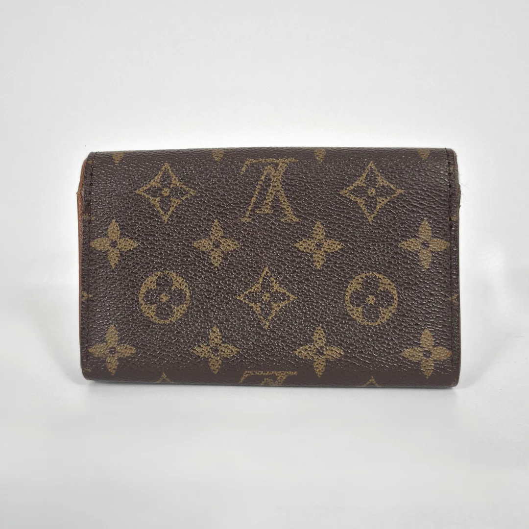 Louis Vuitton wallet with monogram pattern on a white background