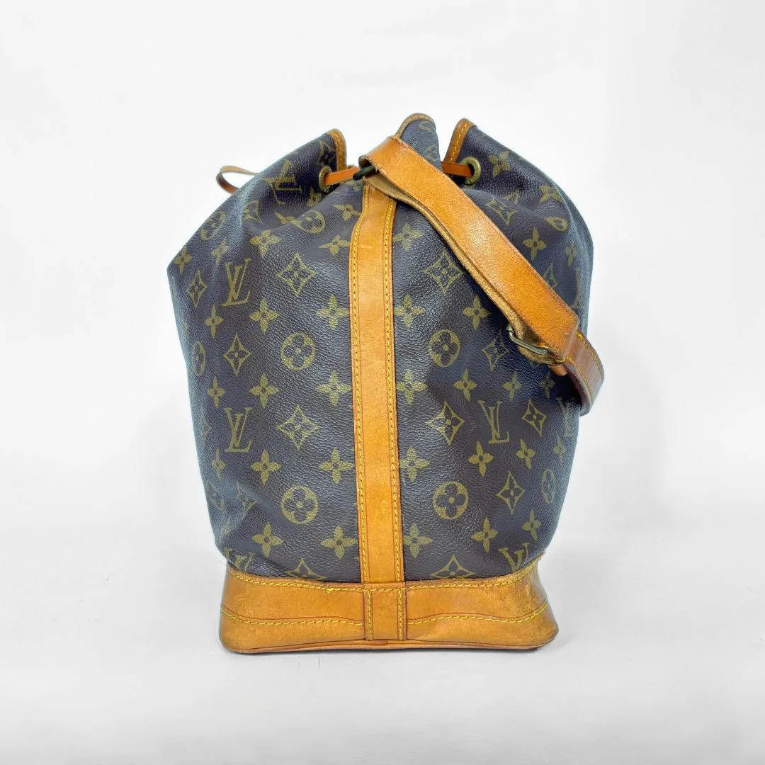 Brown monogram LV handbag with tan leather accents on a white background