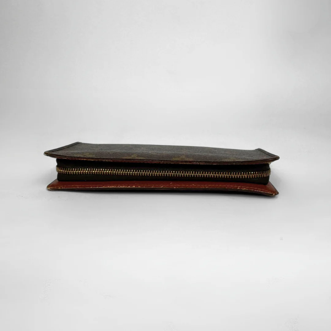Brown leather wallet with gold zipper on a white background