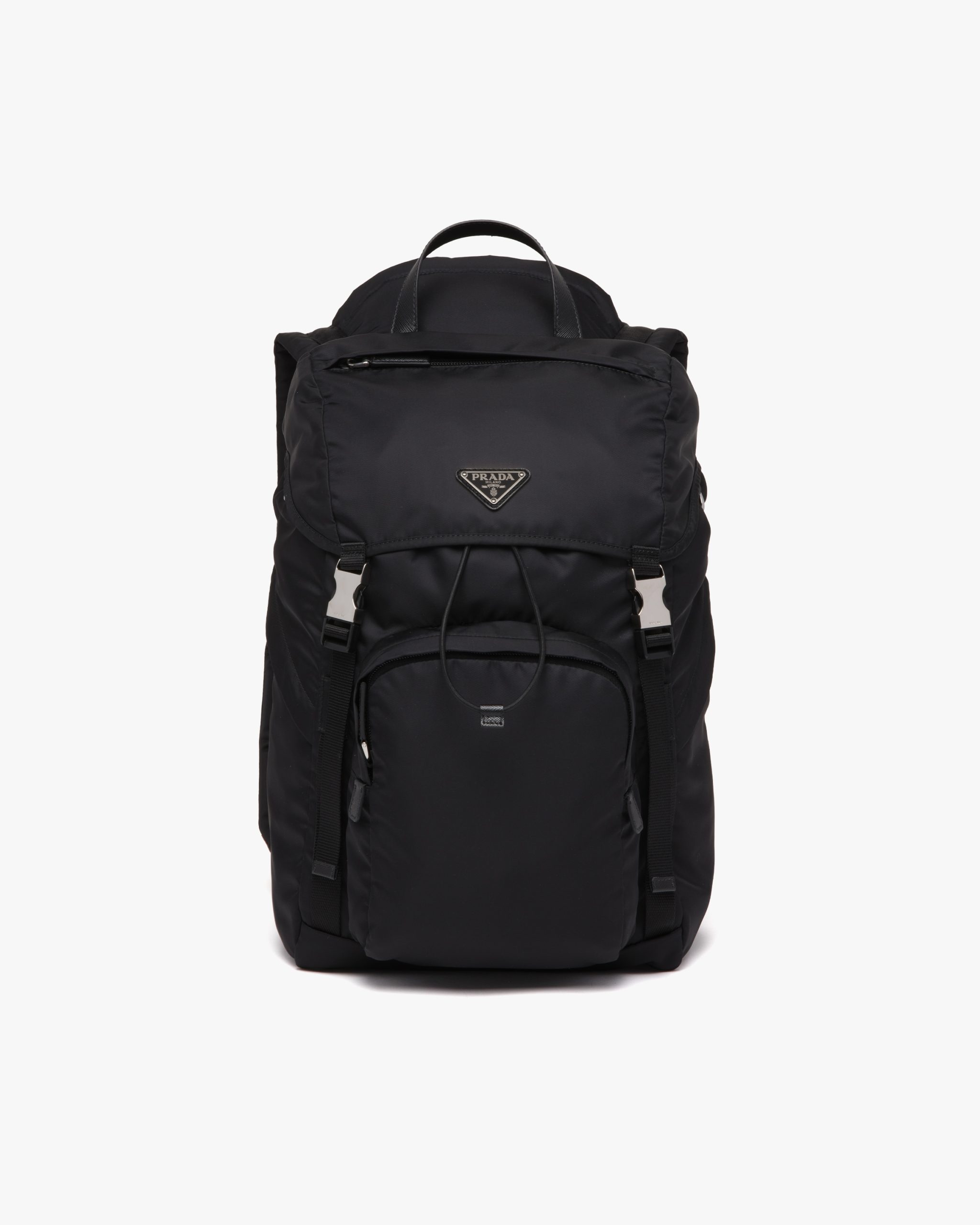 Black Re-Nylon and Saffiano leather backpack with hood