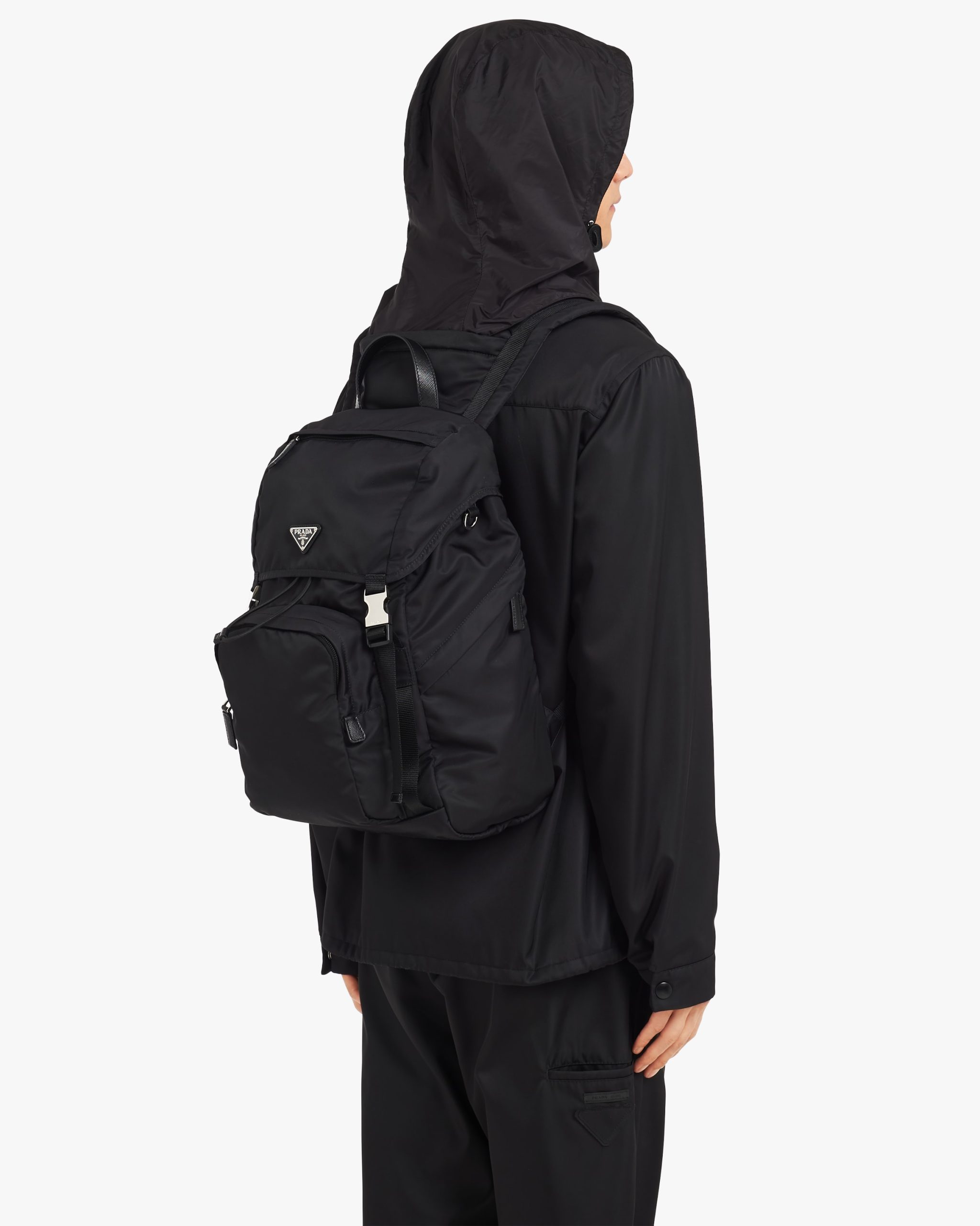 Black Re-Nylon and Saffiano leather backpack with hood - Image 2