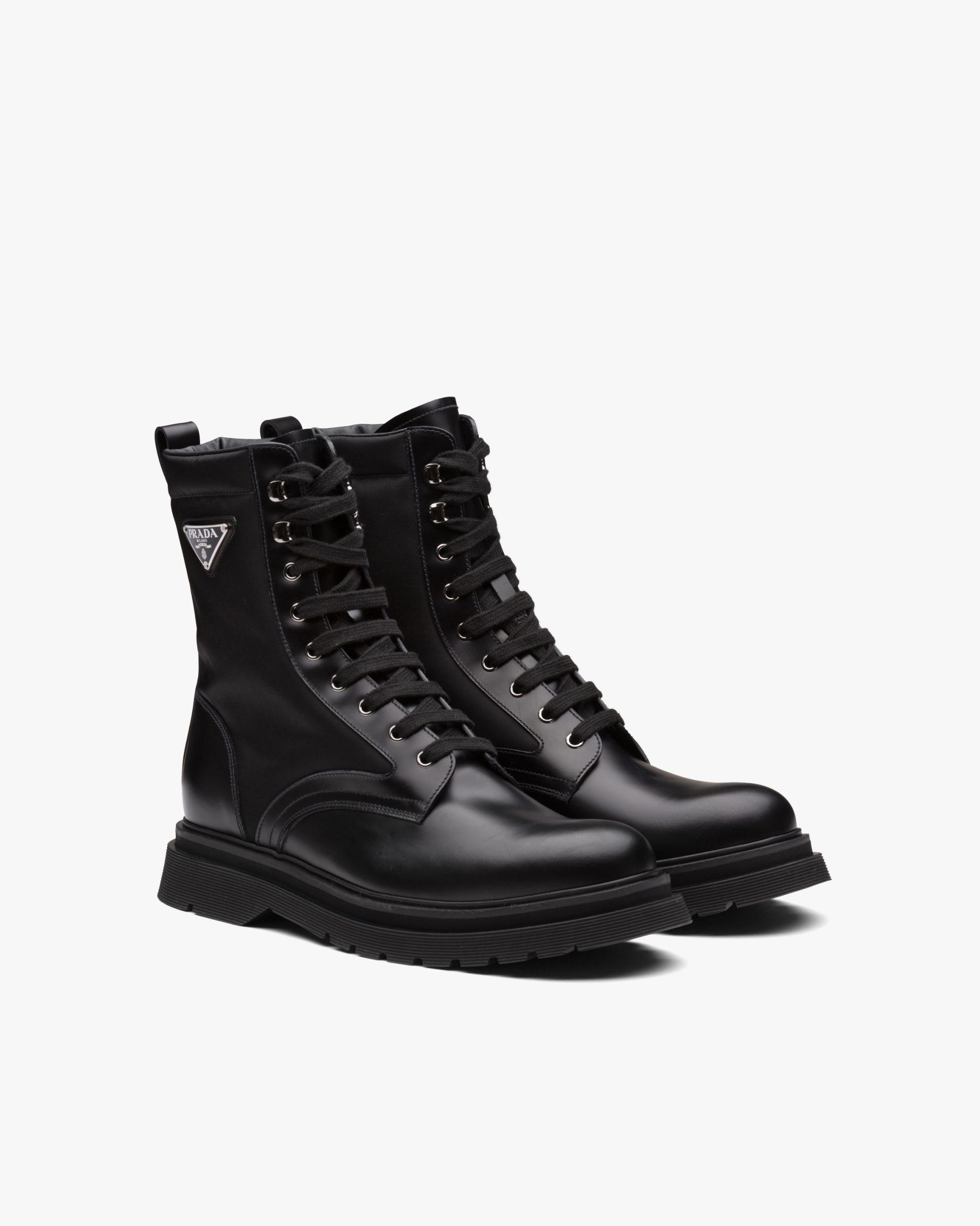 Black Brushed leather and nylon combat boots