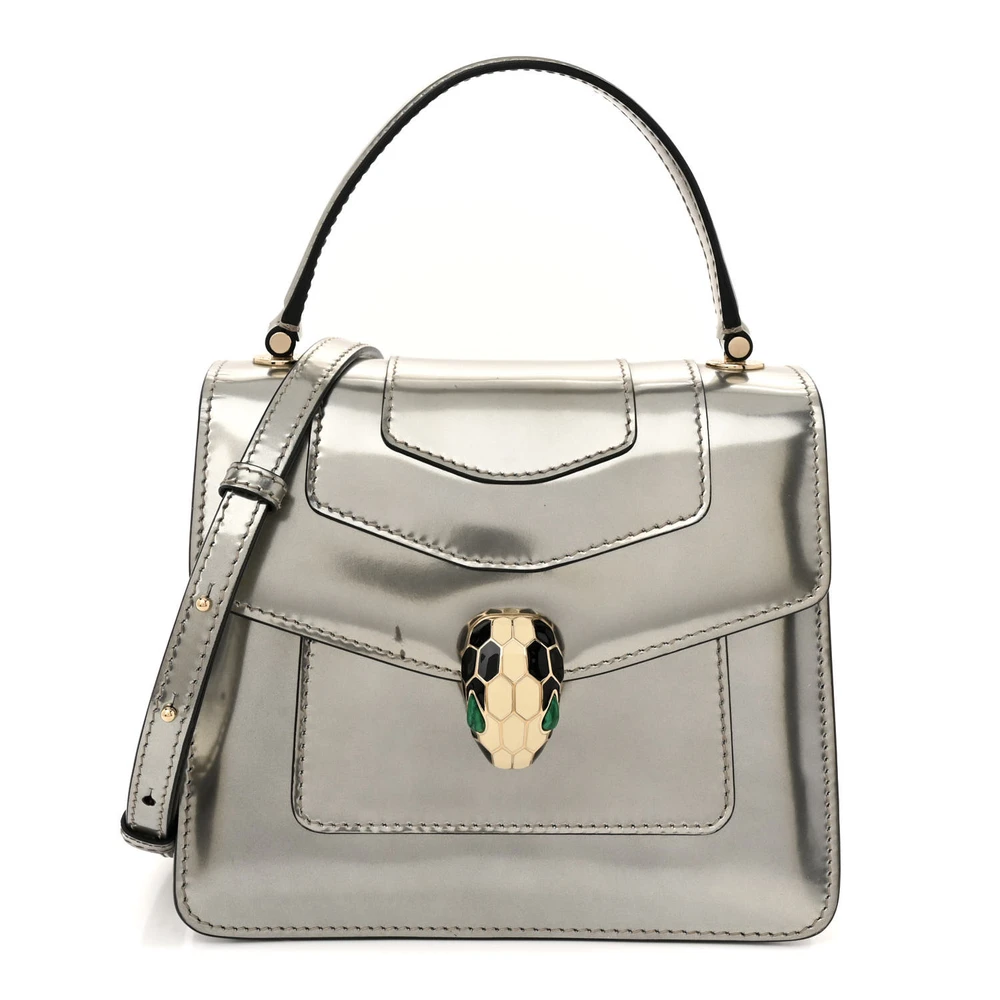 Lushentic Bvlgari Mini Serpenti Forever Top Handle Metallic Silver Calfskin Leather Gold Hardware Front