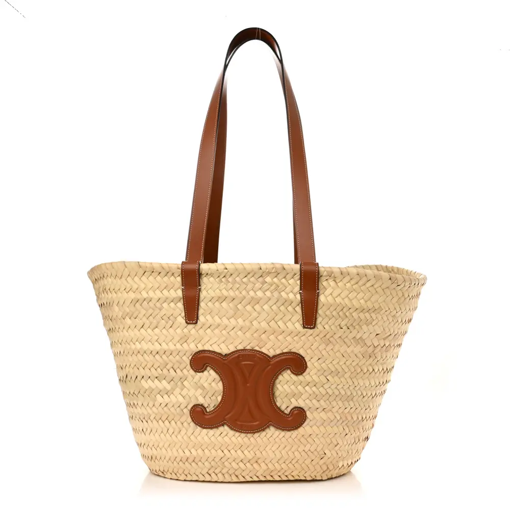Lushentic Celine Medium Triomphe Bag Panier Tan Raffia & Calfskin Leather Gold Hardware Front