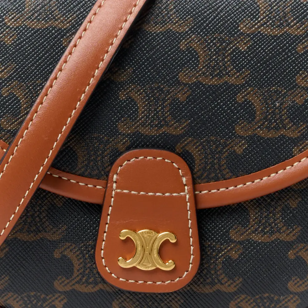 Lushentic Handbags Mini Besace Tan Canvas Calfskin Leather Triomphe Gold - Image 7