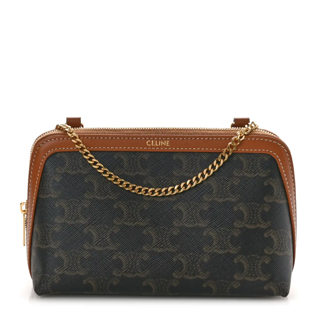 Lushentic Celine Mini Clutch on Chain Tan Triomphe Canvas & Calfskin Leather Gold Hardware Front