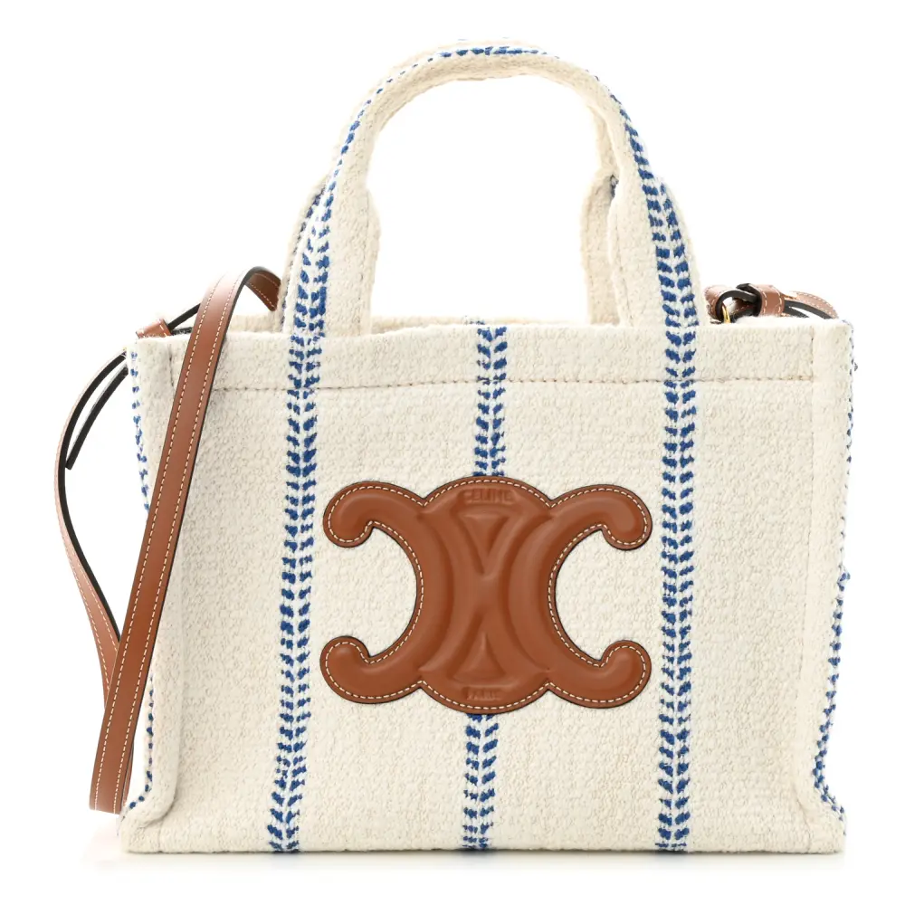 Lushentic Celine Small Cabas Thais Tote Bag WhiteBlue Canvas & Calfskin Leather Stripe Front