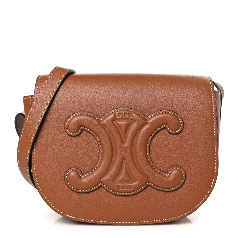 Lushentic Celine Small Cuir Triomphe Folco Crossbody Bag Tan Smooth Calfskin Leather Gold Hardware Front