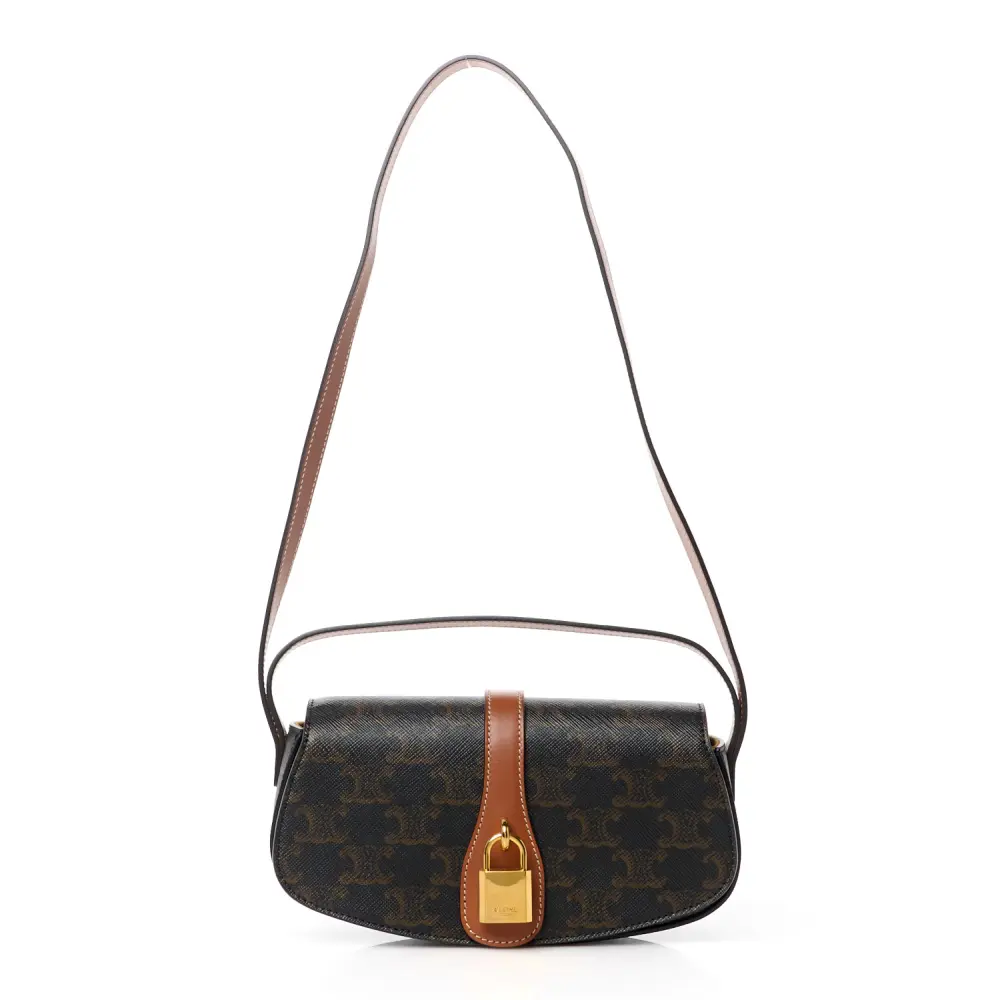 Lushentic Celine Small Tabou Clutch on Strap Tan Triomphe Canvas & Calfskin Leather Gold Hardware Front