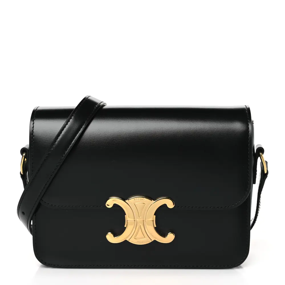 Lushentic Celine Small Teen Triomphe Shoulder Bag Black Shiny Calfskin Leather Gold Hardware Front