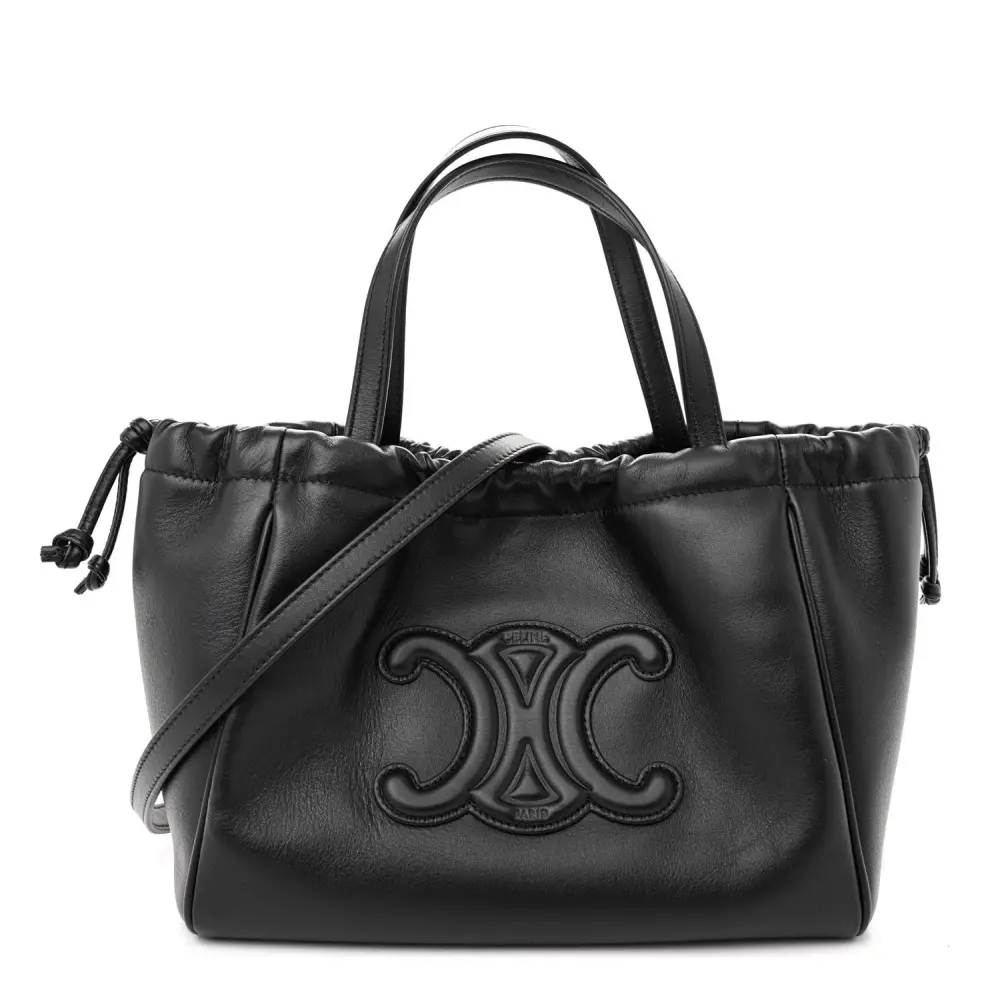 Lushentic Celine Small Triomphe Cabas Drawstring Black Smooth Calfskin Leather Gold Hardware Front