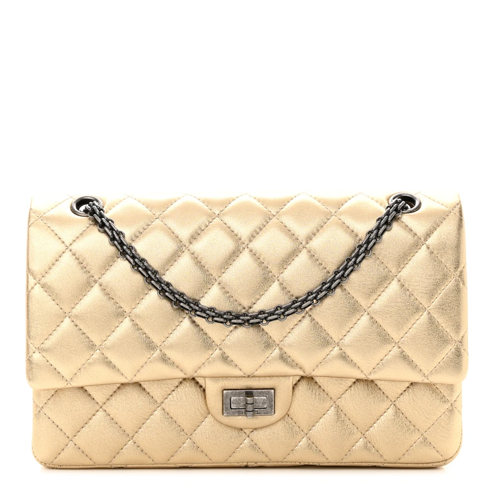 Lushentic Chanel 2.55 Reissue 226 Flap Large Metallic Gold Quilted Calfskin Leather Ruthenium Hardware Front