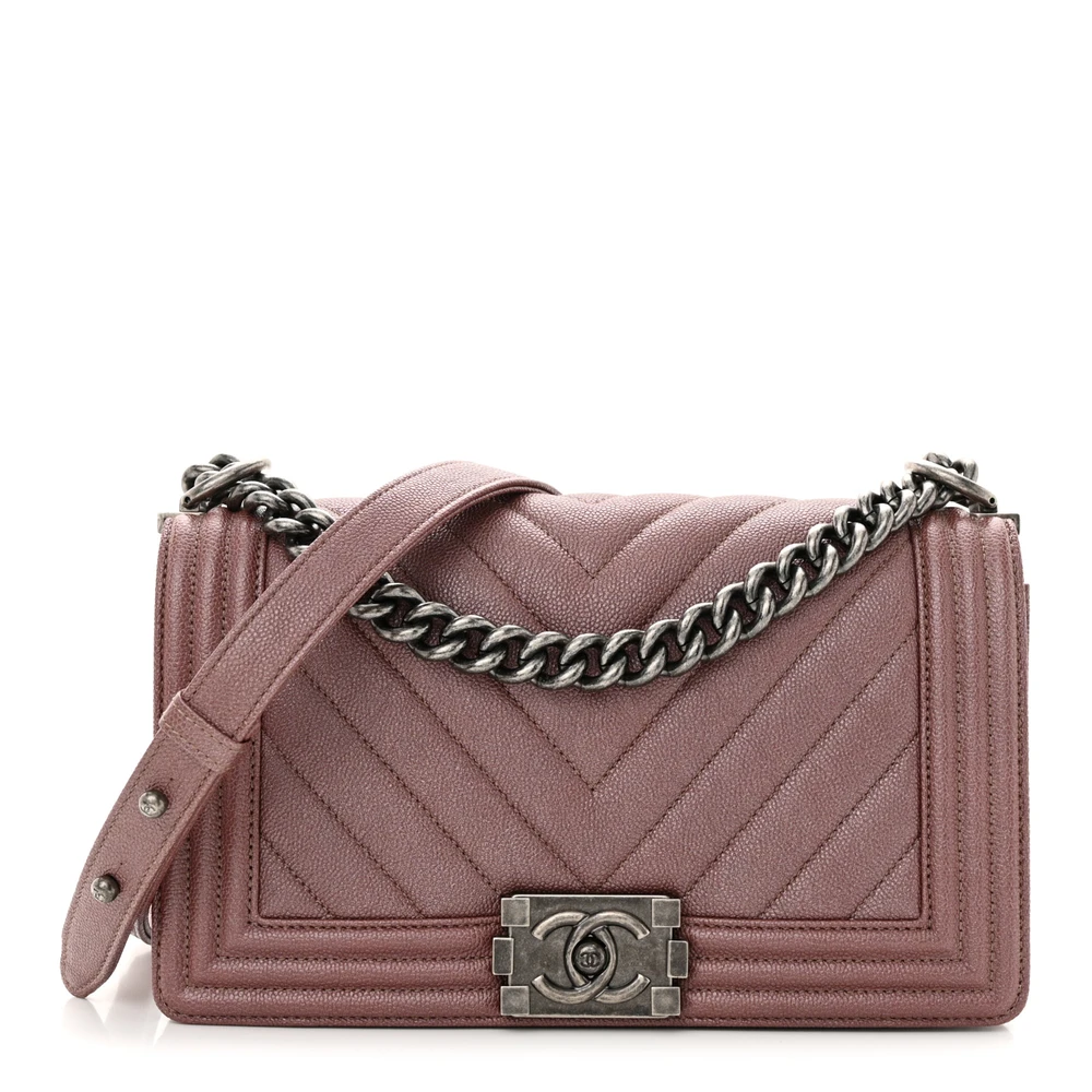 Lushentic Chanel Boy Flap Medium Metallic Dark Pink Chevron Quilted Caviar Leather Ruthenium Hardware Front