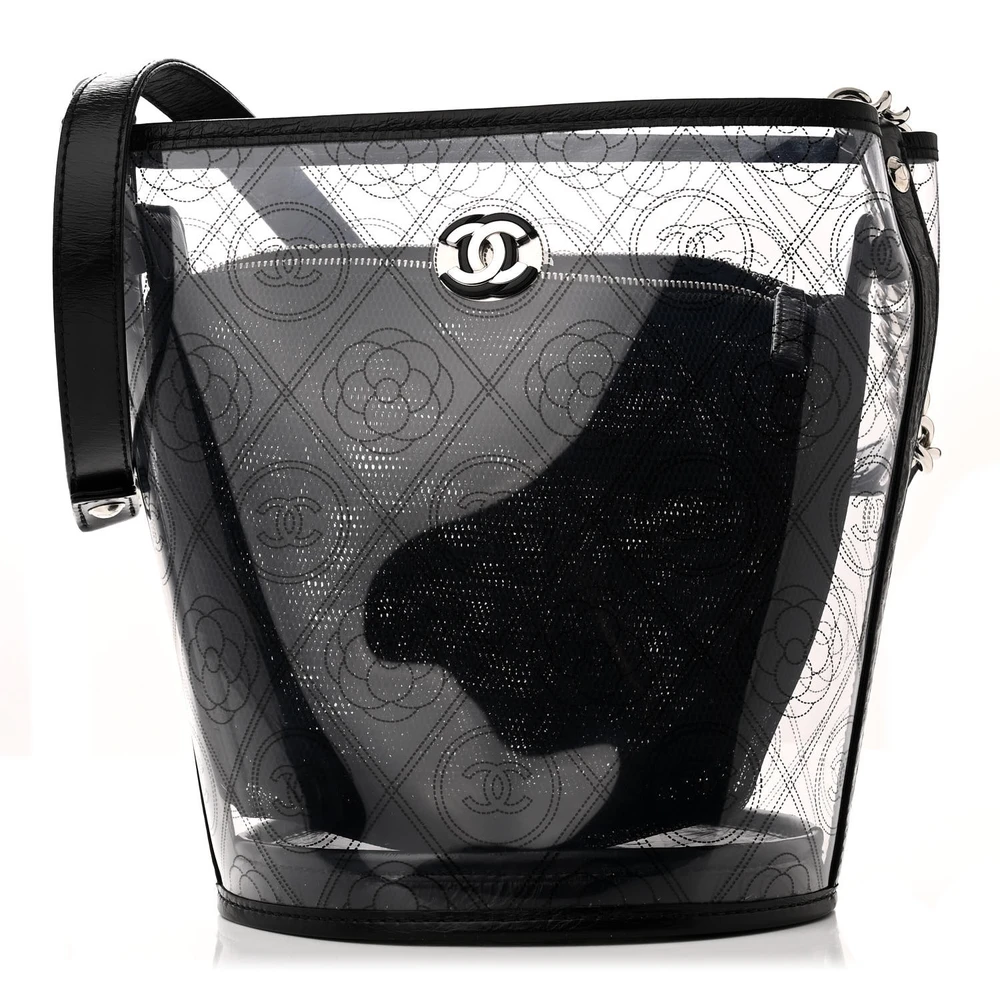 Lushentic Chanel Bucket Bag Black Quilted Crumpled Calfskin Leather & PVC Silver Hardware Front