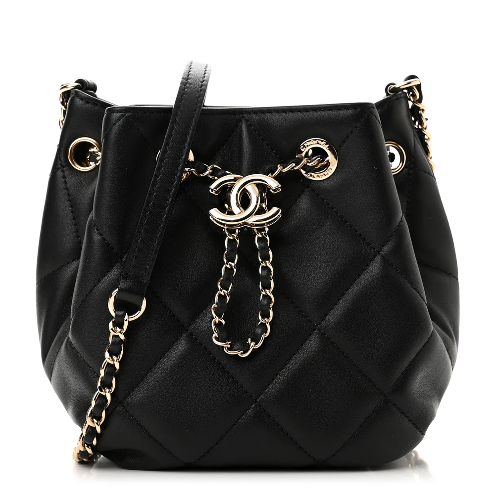 Lushentic Chanel CC Dweller Drawstring Bucket Small Black Quilted Lambskin Leather Light Gold Hardware Front