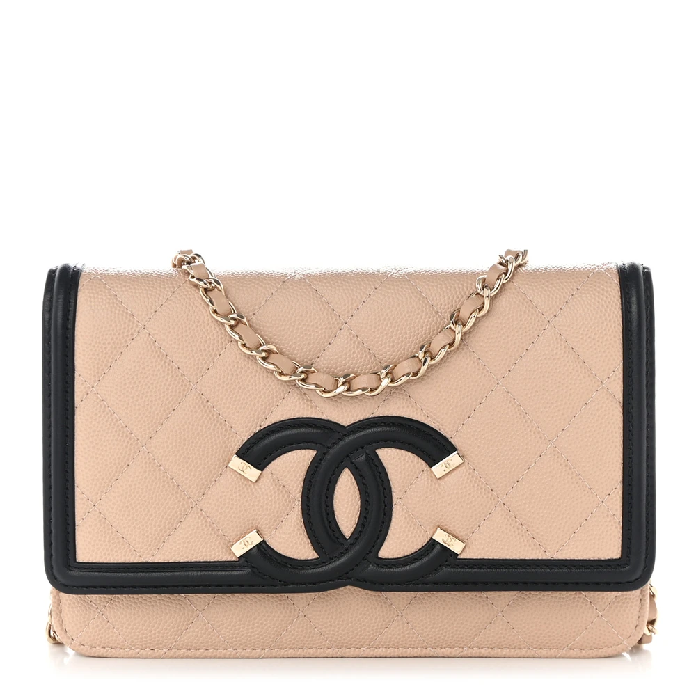 Lushentic Chanel CC Filigree Wallet On Chain (WOC) Small BeigeBlack Quilted Caviar Leather Gold Hardware Front