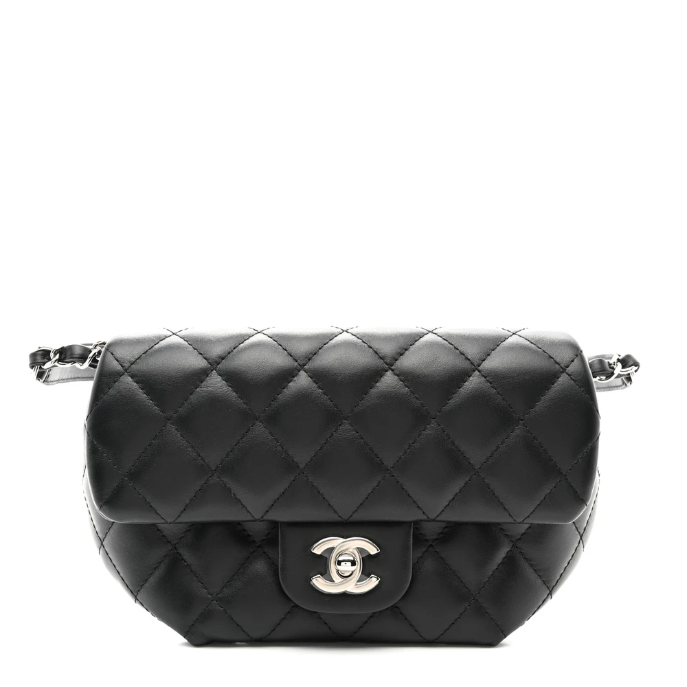 Lushentic Chanel CC Uniform Flap Belt Bag Small Black Quilted Calfskin Leather Silver Hardware Front