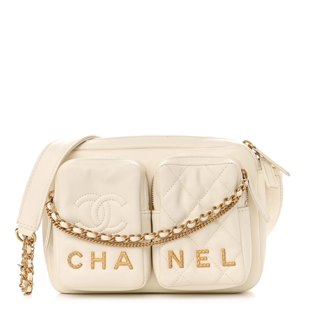 Lushentic Chanel Camera Case Small White Quilted Calfskin Leather Gold Hardware Front