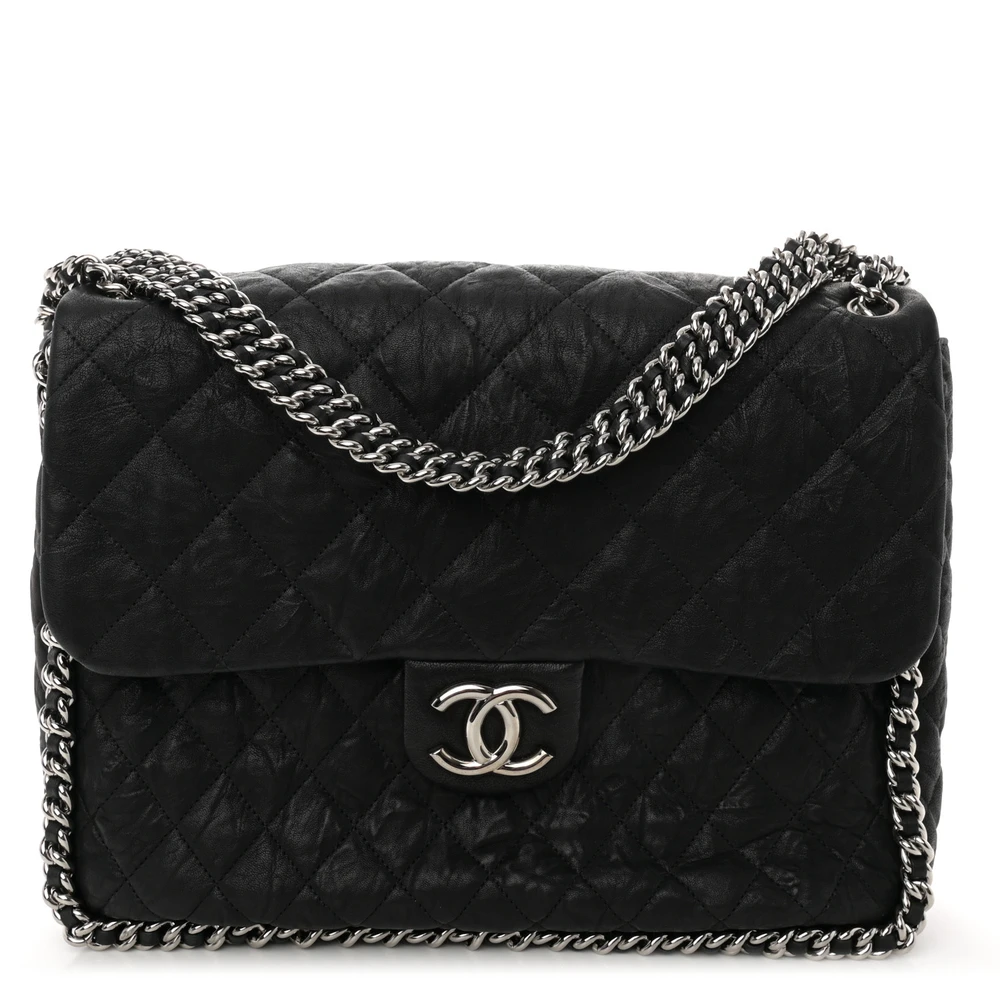 Lushentic Chanel Chain Around Flap Maxi Black Quilted Washed Lambskin Leather Silver Hardware Front