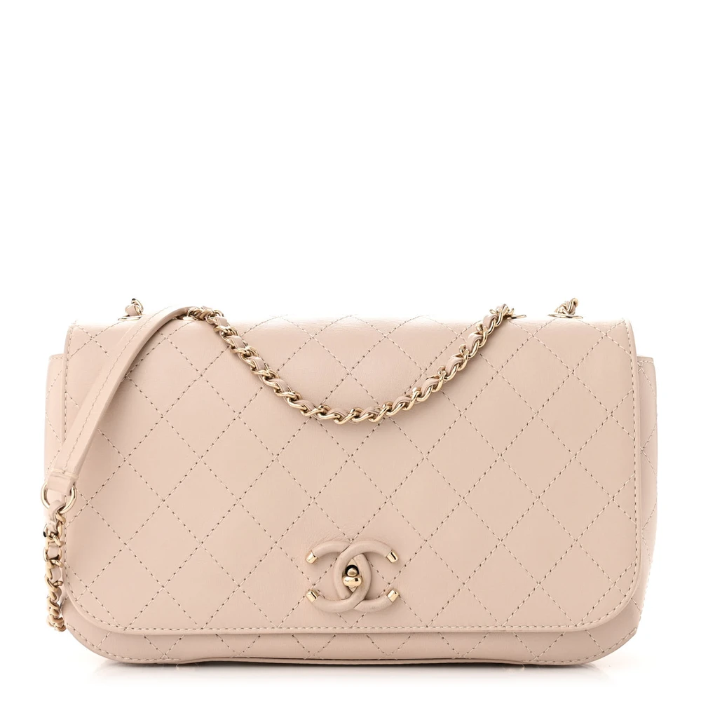 Lushentic Chanel Covered CC Flap Medium Beige Stitched Calfskin Leather Gold Hardware Front