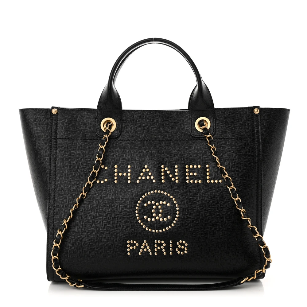 Lushentic Chanel Deauville Tote Small Black Quilted Caviar Leather Studded Gold Hardware Front
