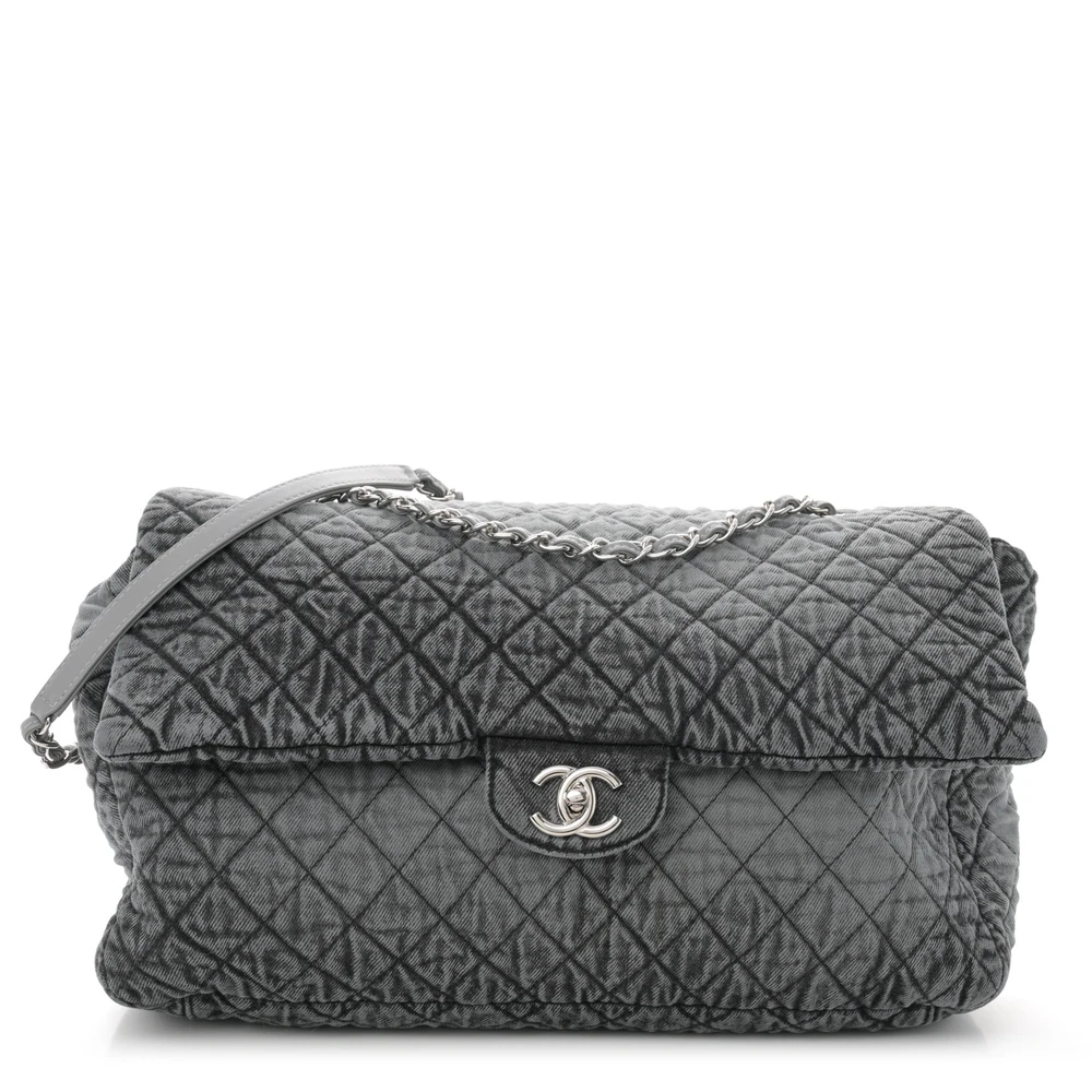 Lushentic Chanel Denimpression Flap XXL GreyBlack Quilted Denim Silver Hardware Front