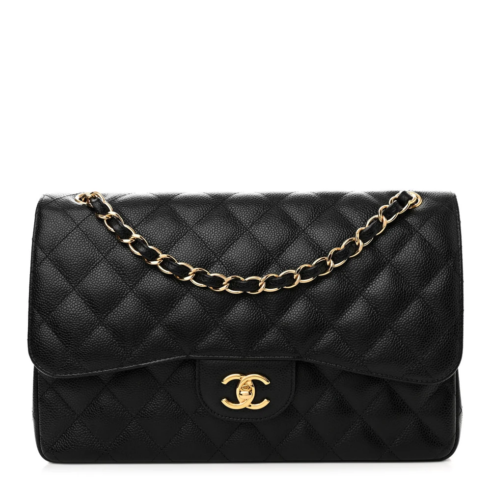 Lushentic Chanel Double Flap Jumbo Black Quilted Caviar Leather Gold Hardware Front