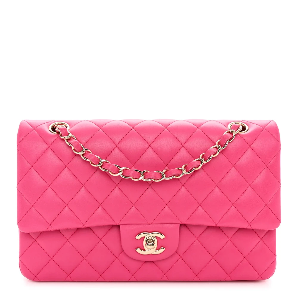 Lushentic Chanel Double Flap Medium Fuchsia Quilted Lambskin Leather Gold Hardware Front