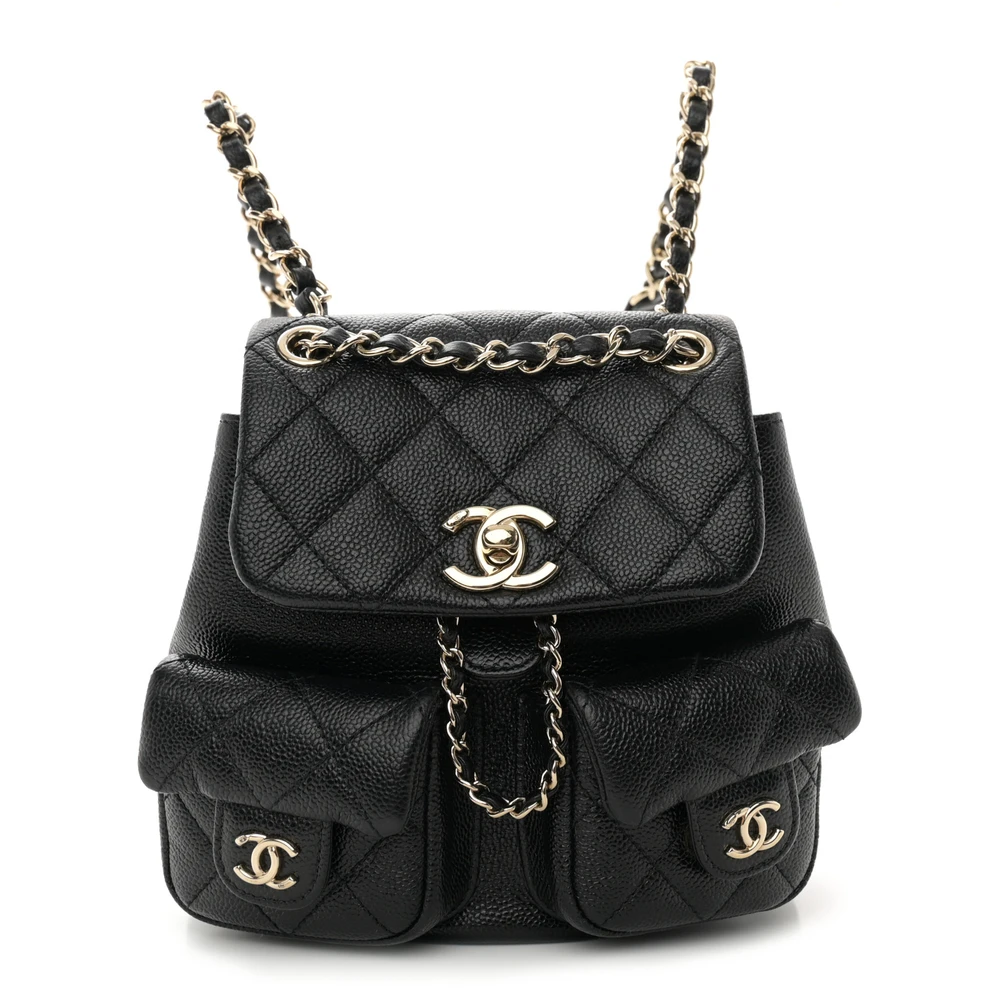 Lushentic Chanel Duma Pockets Drawstring Backpack Small Black Quilted Shiny Caviar Leather Light Gold Hardware Front