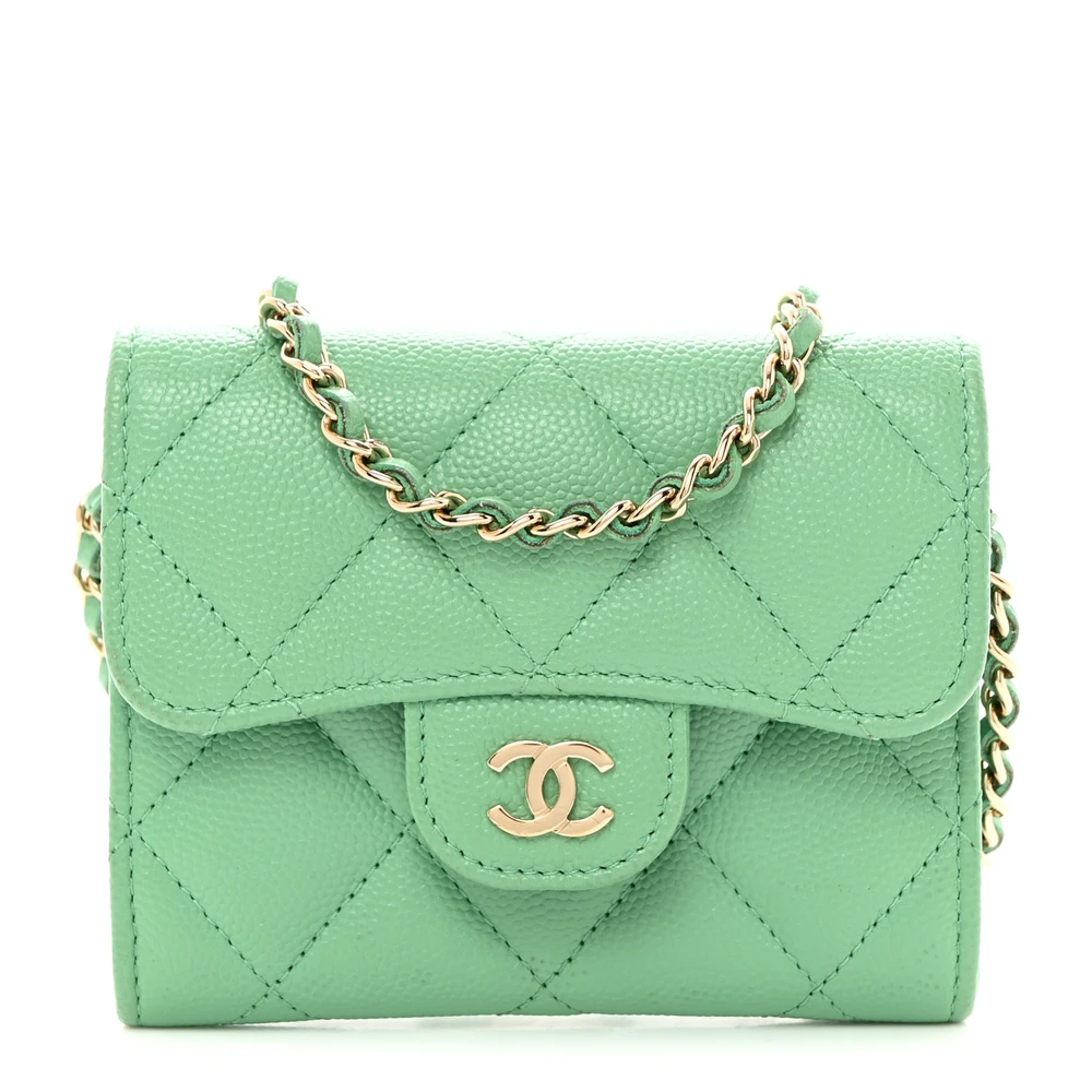 Lushentic Chanel Flap Card Holder On Chain Small Light Green Quilted Caviar Leather Light Gold Hardware Front