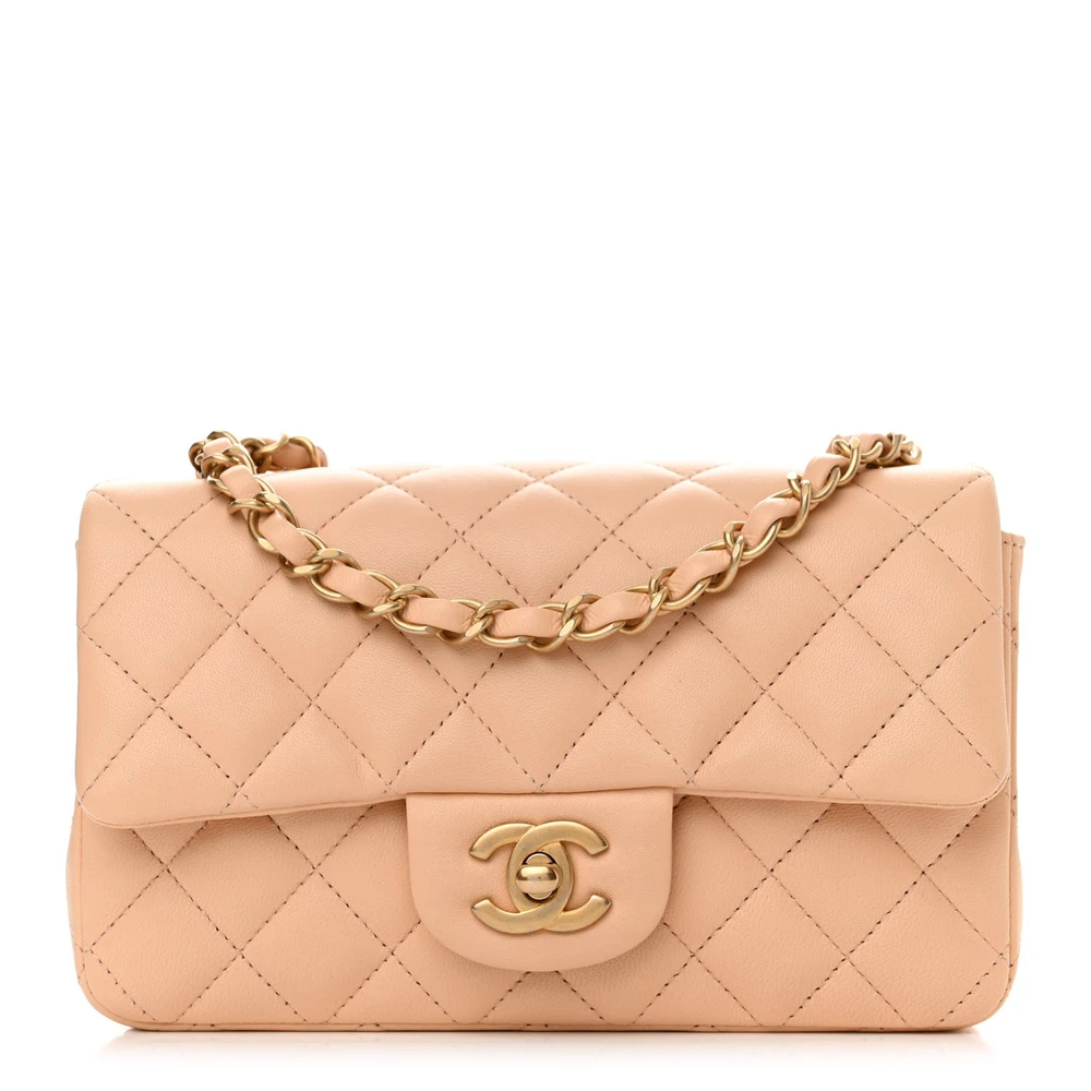 Lushentic Chanel Flap Mini Rectangular Beige Quilted Lambskin Leather Gold Hardware Front