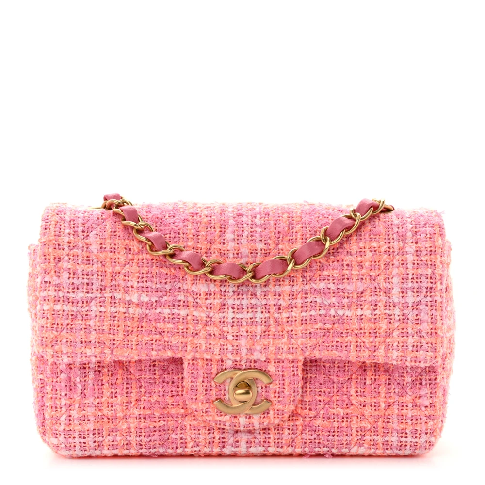 Lushentic Chanel Flap Mini Rectangular Pink Multicolor Quilted Tweed Gold Hardware Front