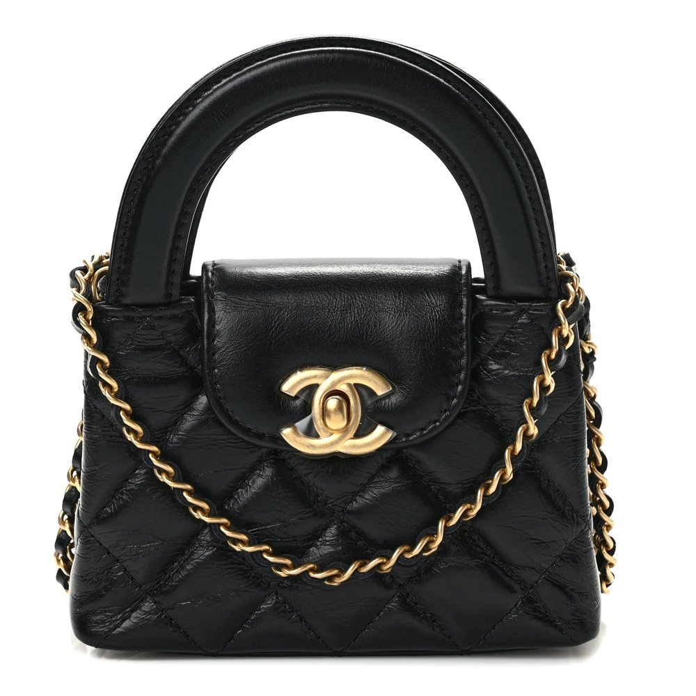 Lushentic Chanel Kelly Shopper Nano Black Quilted Shiny Aged Calfskin Leather Gold Hardware Front