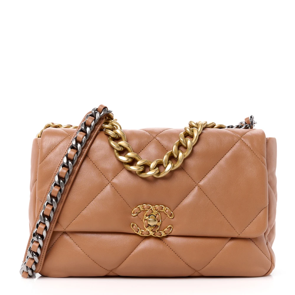 Lushentic Chanel Large Brown Chanel 19 Flap Quilted Lambskin Leather Mixed Metal Hardware Front