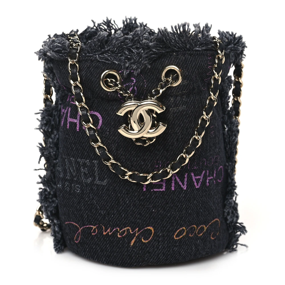 Lushentic Chanel Mood Mini Bucket Bag With Chain Black Multicolor Quilted Denim Light Gold Hardware Front