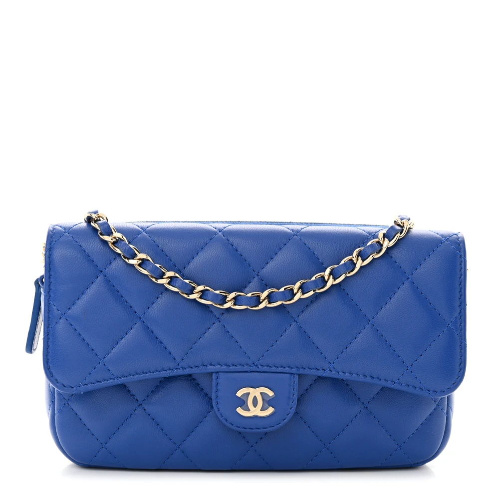 Lushentic Chanel Phone Holder With Chain Small Blue Quilted Lambskin Leather Flap Light Gold Hardware Front