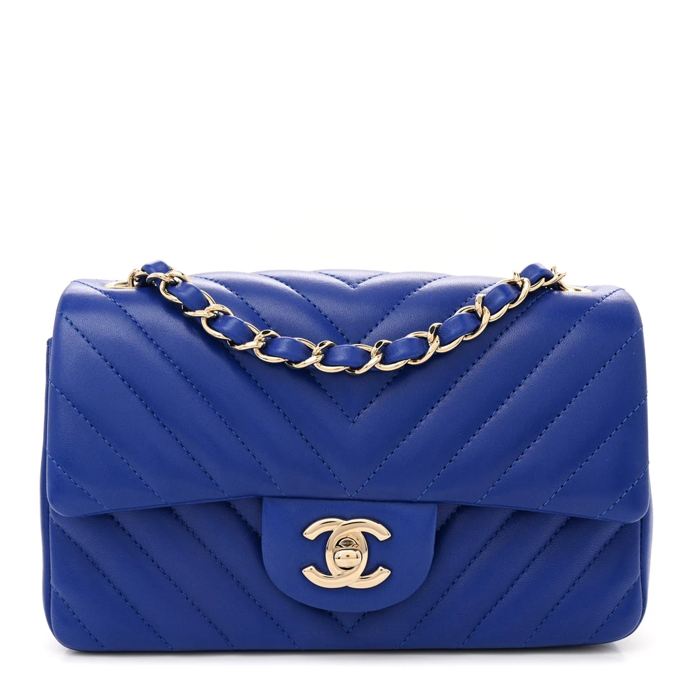 Lushentic Chanel Rectangular Flap Mini Blue Chevron Quilted Lambskin Leather Light Gold Hardware Front