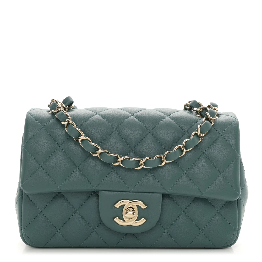 Lushentic Chanel Rectangular Flap Mini Green Quilted Lambskin Leather Light Gold Hardware Front