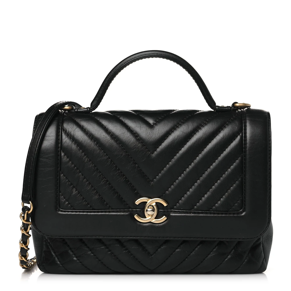 Lushentic Chanel Top Handle Flap Medium Black Chevron Quilted Calfskin Leather Gold Hardware Front
