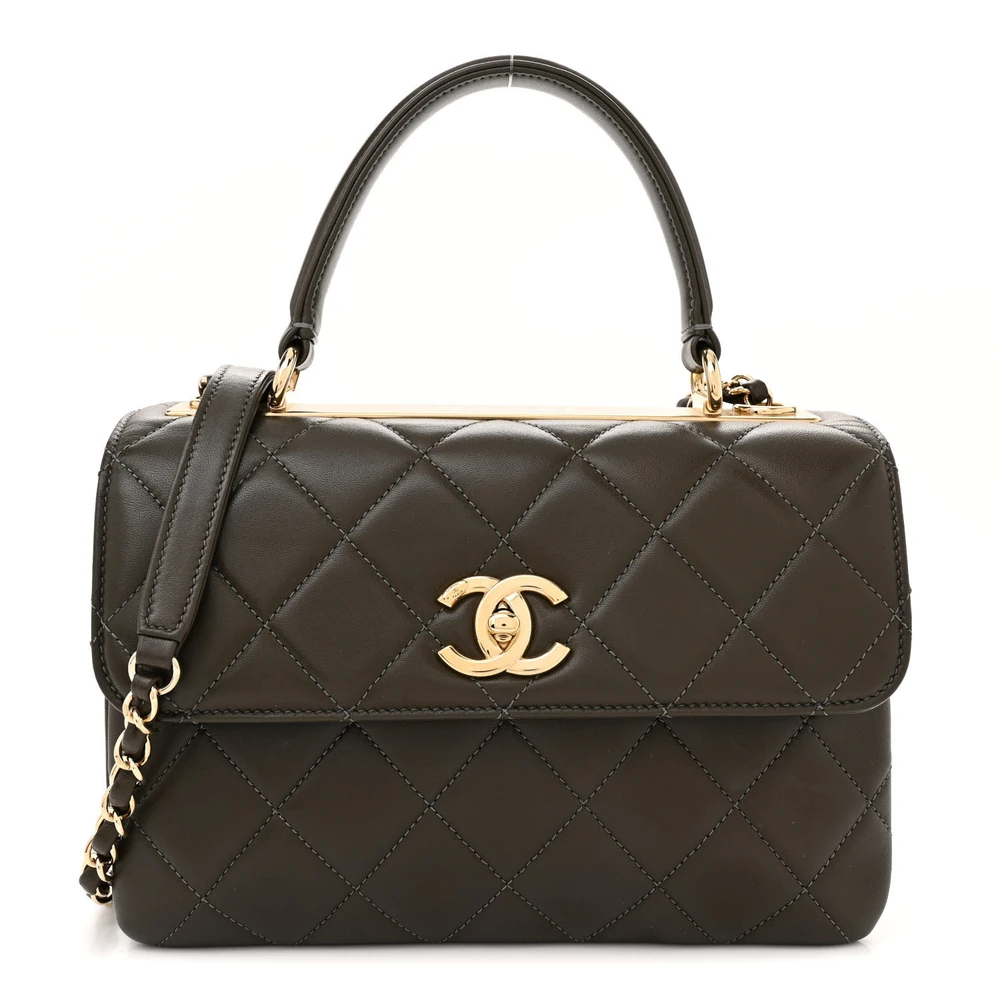 Lushentic Chanel Trendy CC Dual Handle Flap Small Dark Khaki Quilted Lambskin Leather Gold Hardware Front