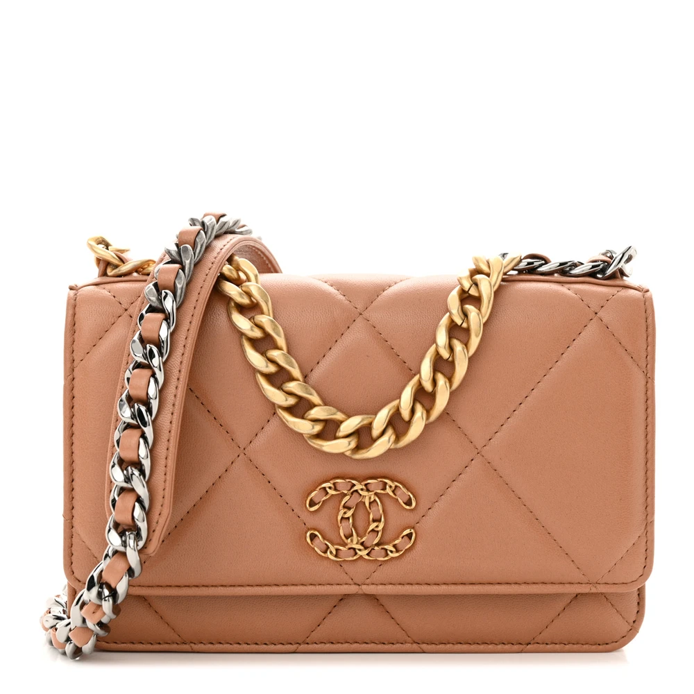 Lushentic Chanel Wallet On Chain (WOC) Chanel 19 Small Brown Quilted Lambskin Leather Gold Hardware Front