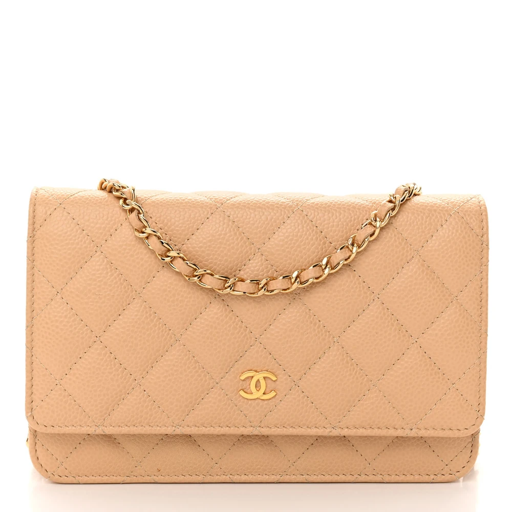 Lushentic Chanel Wallet On Chain (WOC) Small Beige Quilted Caviar Leather Gold Hardware Front
