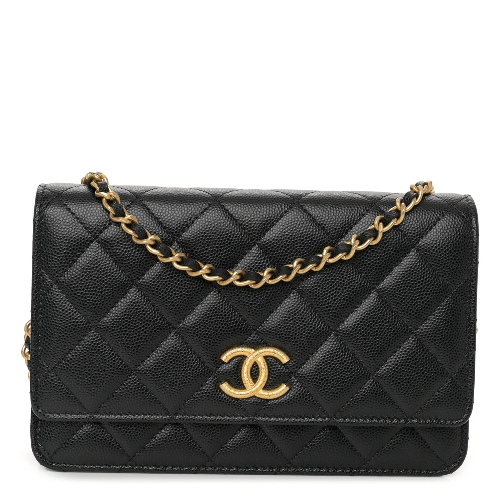 Lushentic Chanel Wallet On Chain (WOC) Small Black Quilted Caviar Leather Gold Hardware Front